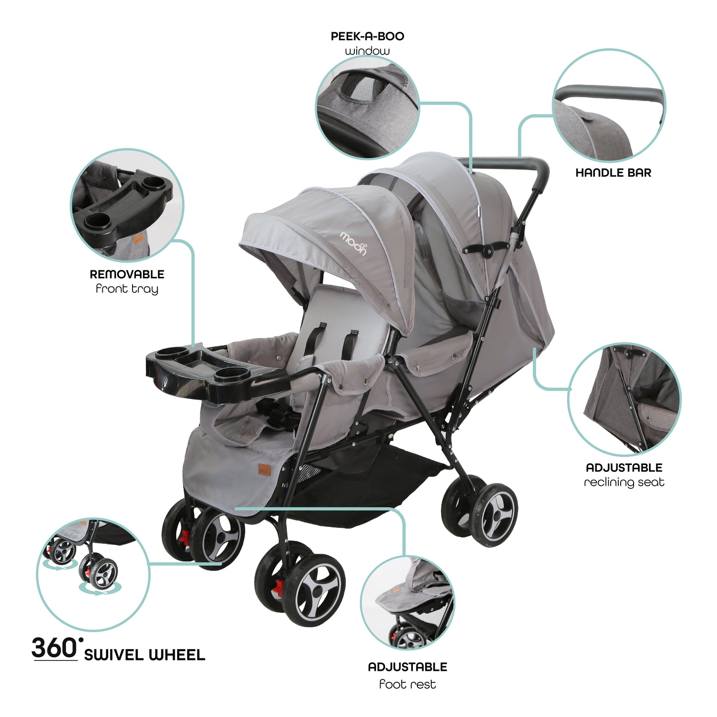 Moon - Magnum Tandem Easy Fold Twin Travel Stroller - Grey