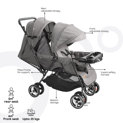 Moon - Magnum Tandem Easy Fold Twin Travel Stroller - Grey