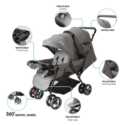 Moon - Magnum Tandem Easy Fold Twin Travel Stroller - Grey