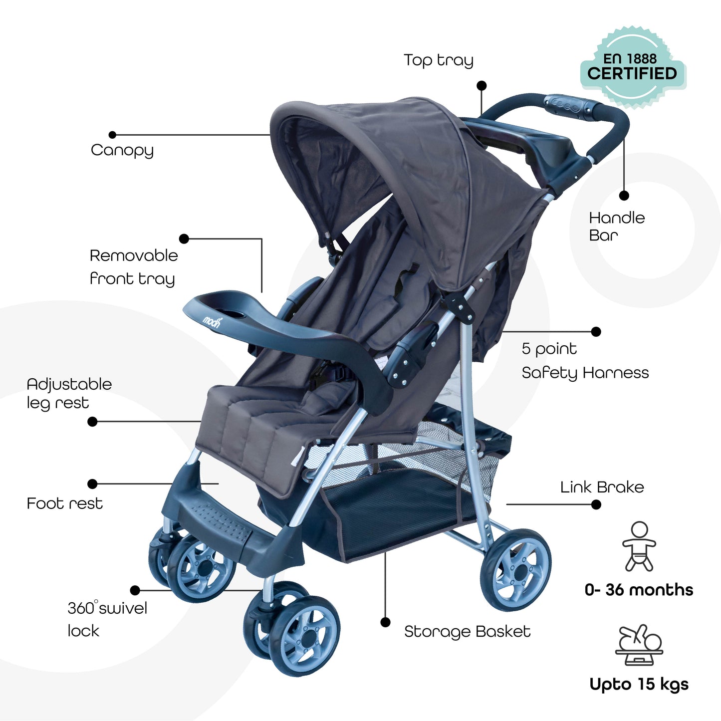 Moon -  Trek - One Fold Stroller - Grey