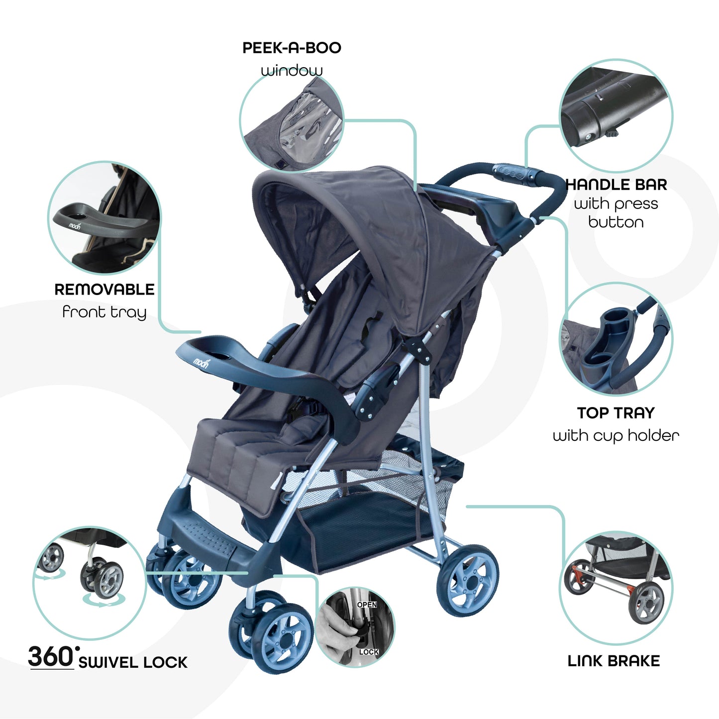 Moon -  Trek - One Fold Stroller - Grey