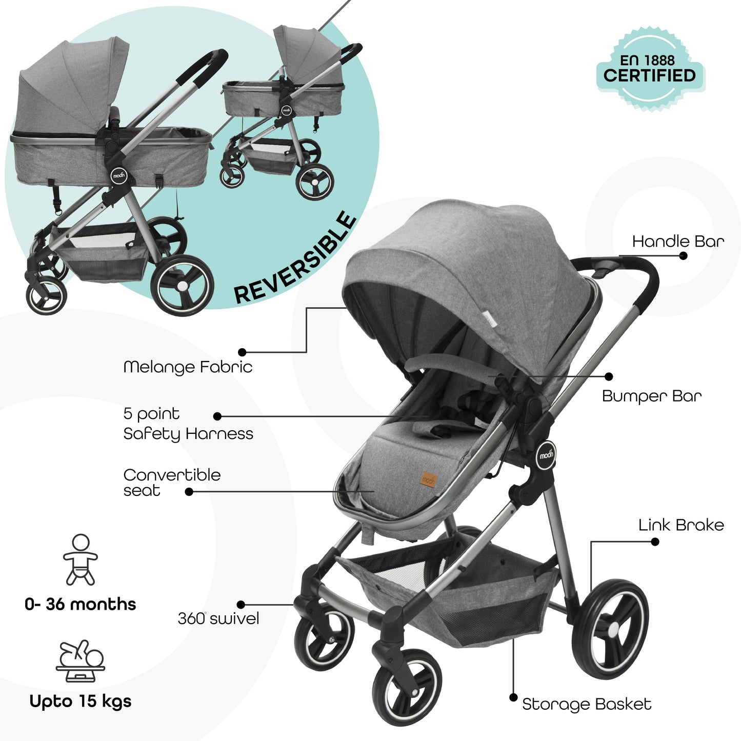 Moon -  Pro - 2 In 1 Stroller - Grey