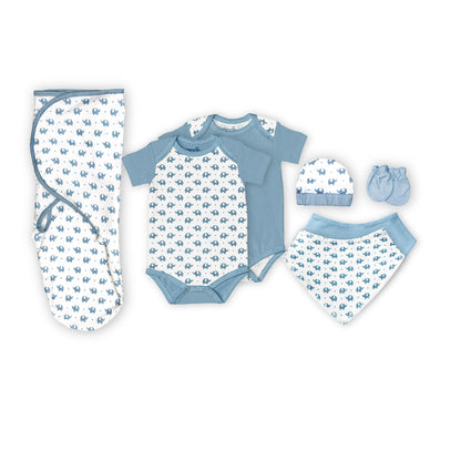 Moon -  Organic Baby Gift Set Of 7 - Rompers-Swaddle - Blue