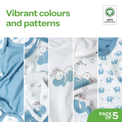 Moon -  Organic Baby Body Suit Set Of 5 For 6-9 Months  - Blue