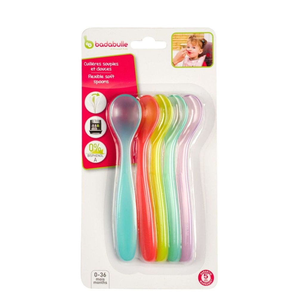 Badabulle - Flexible Spoons X5 | Easy Grip, Lightweight | Bpa-Free, Dishwasher & Microwave Safe, Encourage Babies Self Feeding, Gum Friendly | Multicolor