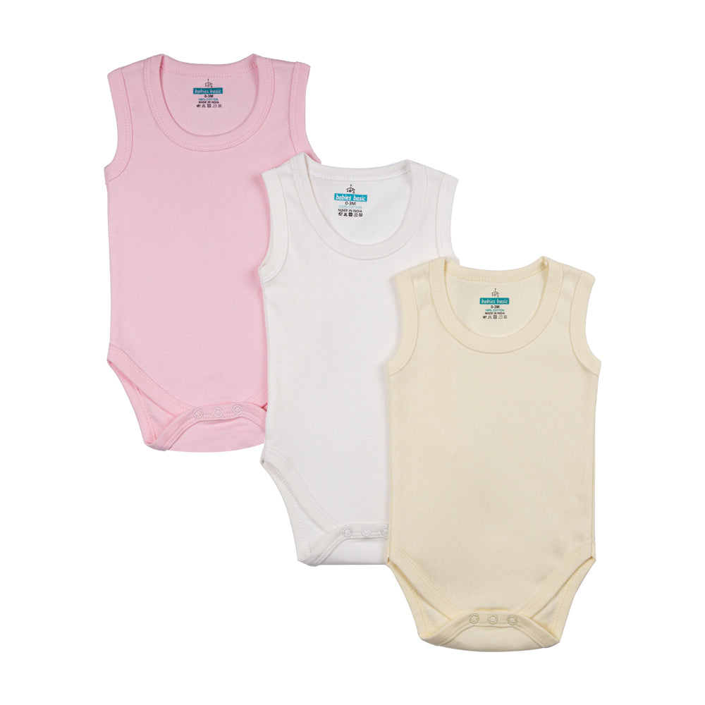 BabiesBasic 100% Super Combed Cotton, Sleeveless Romper/Bodysuit, Set of 3 - Pink, Lemon, Cream, 18-24 Months