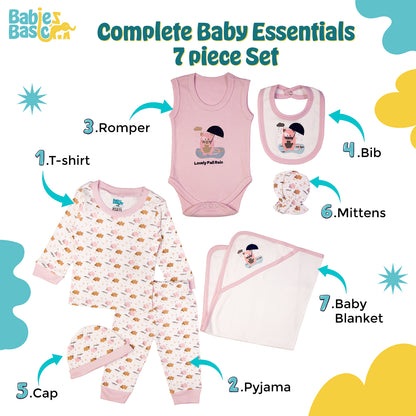 BabiesBasic 7 piece unisex 100% cotton Gift Set include bib, blanket, mitten, cap, romper, top and bottom set, 6-9 Months , Mouve