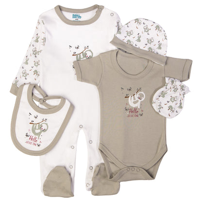 Babiesbasic 5 piece cotton Set include Bib, Romper, Mittens, cap and Sleepsuit- Hello Little One, 3-6 Months , Grey