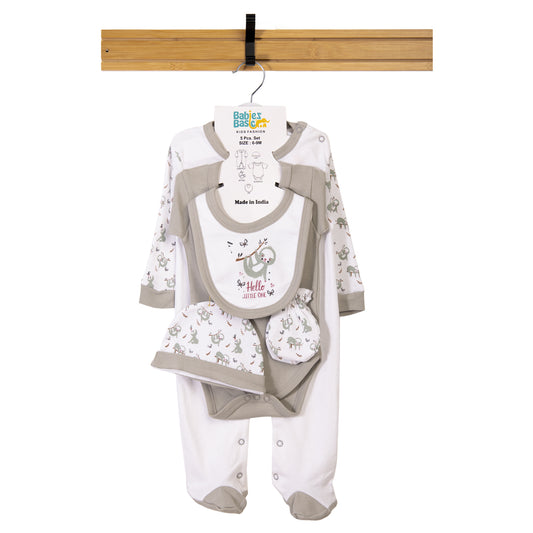 Babiesbasic 5 piece cotton Set include Bib, Romper, Mittens, cap and Sleepsuit- Hello Little One, 6-9 Months , Grey