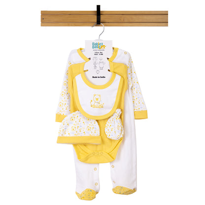 Babiesbasic 5 piece cotton Set include Bib, Romper, Mittens, cap and Sleepsuit- Teddy, 6-9 Months , Yellow