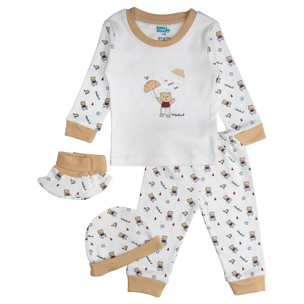 BabiesBasic 7 piece unisex 100% cotton Set include bib, socks, mitten, cap, romper, top and bottom set, 9-12 Months , Brown