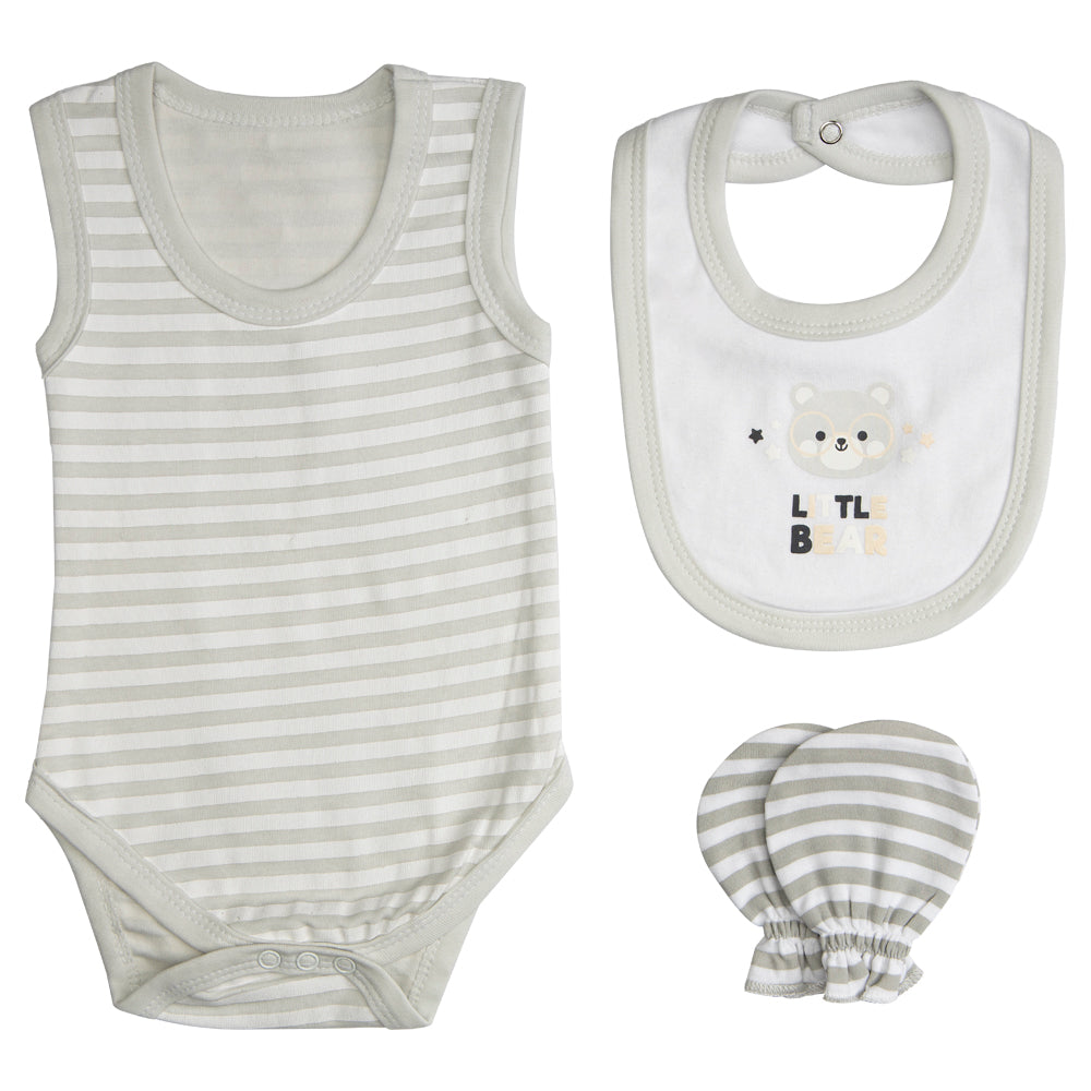 BabiesBasic 7 piece unisex 100% cotton Set include bib, socks, mitten, cap, romper, top and bottom set, 3-6 Months , Grey