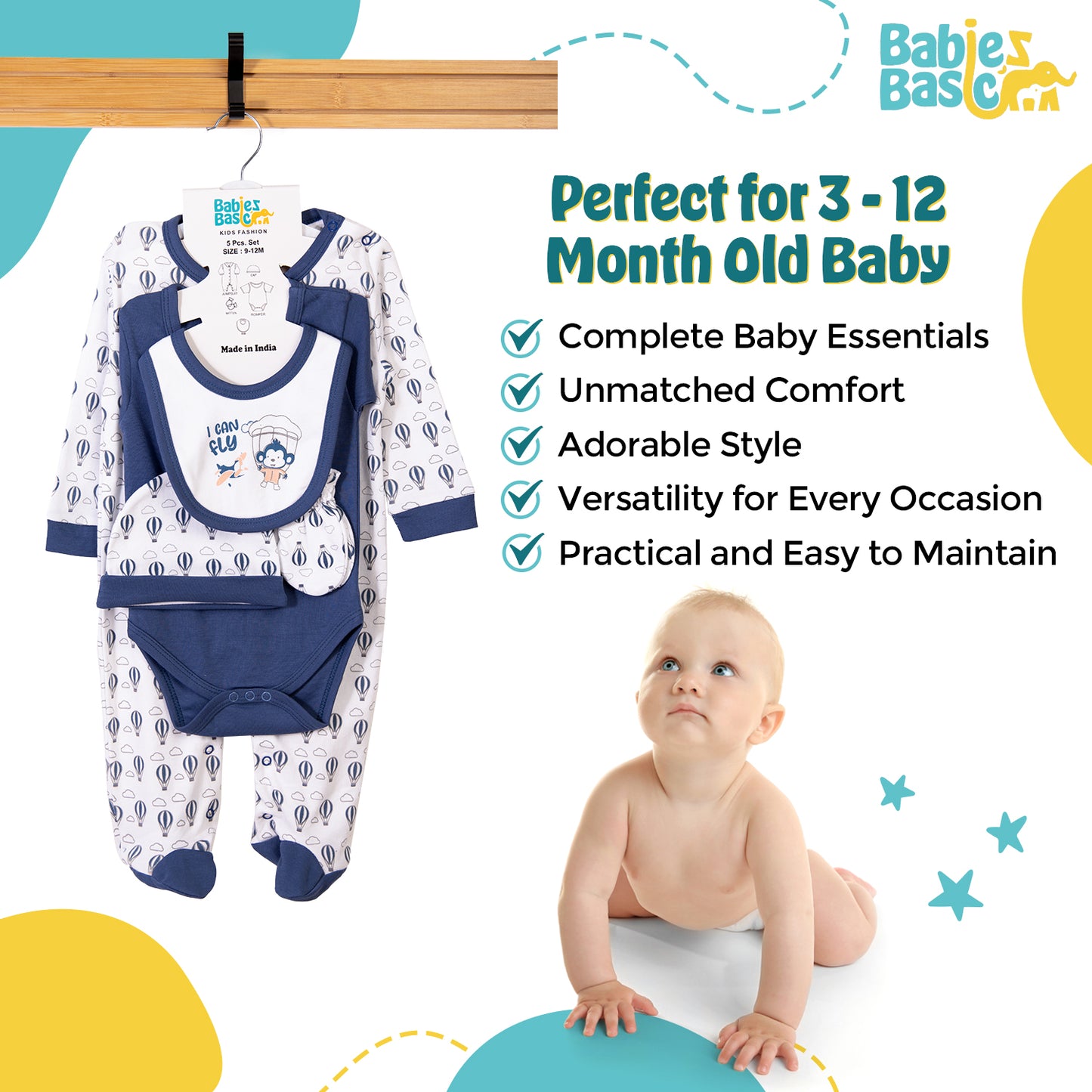 Babiesbasic 5 piece cotton Set include Bib, Romper, Mittens, cap and Sleepsuit- I can Fly, 3-6 Months , Blue