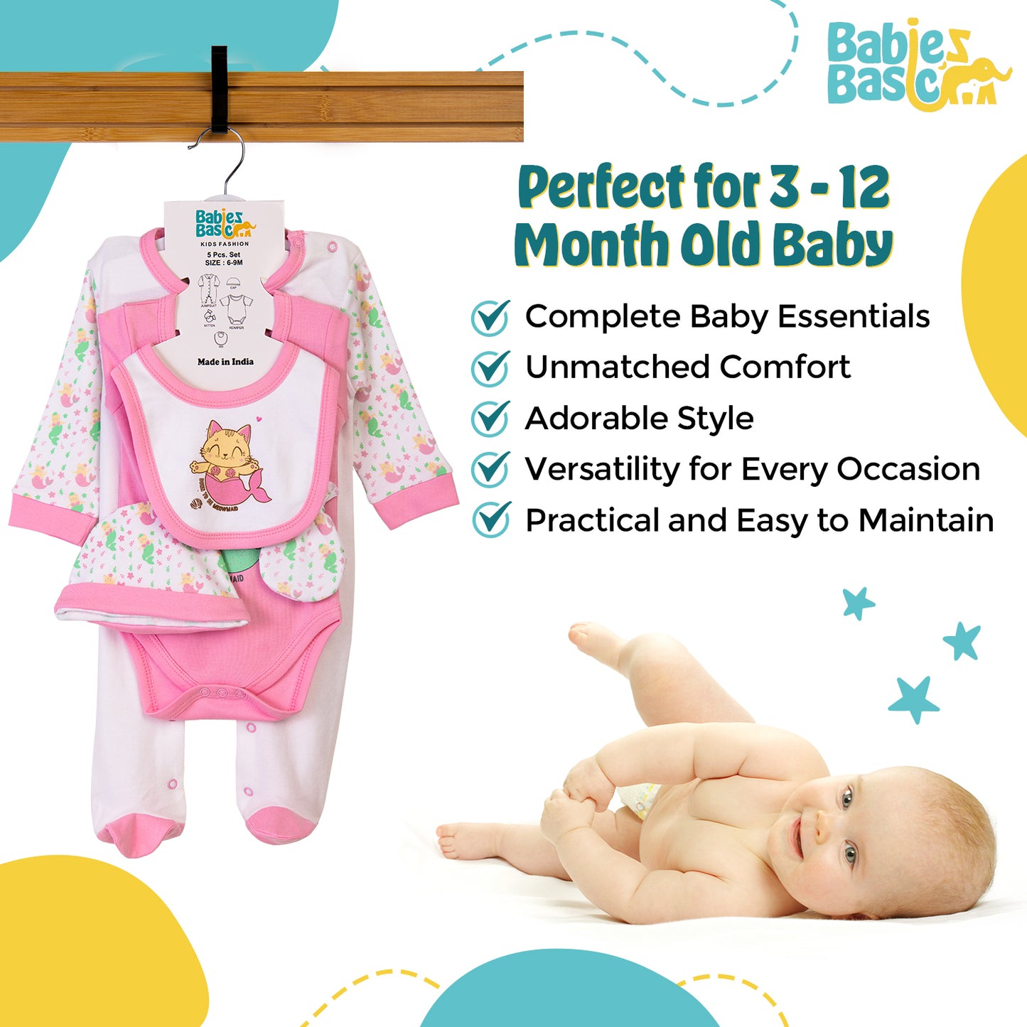 Babiesbasic 5 piece cotton Set include Bib, Romper, Mittens, cap and Sleepsuit- Meowmaid, 3-6 Months , Pink