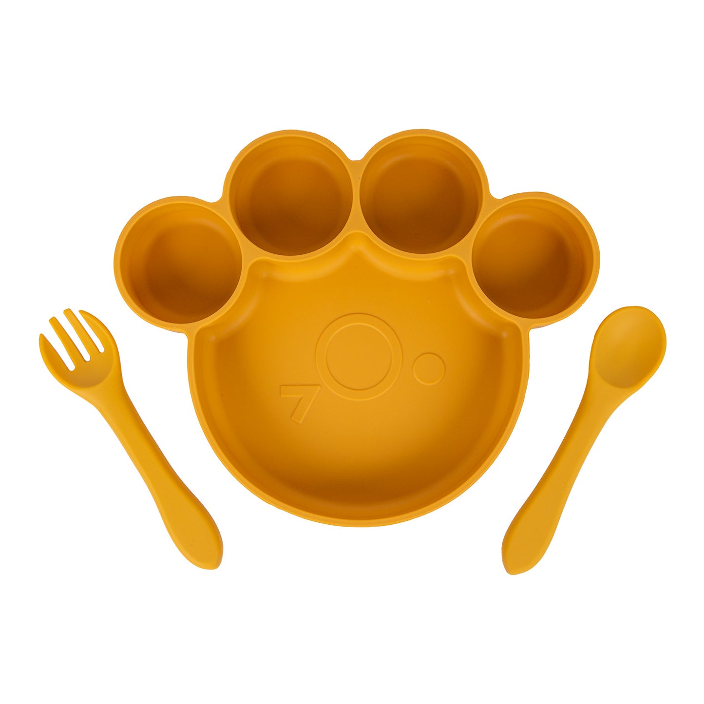 BabiesBasic Feeding Set, 3 Piece, Silicone Feeding Paw Set with Silicone Suction Plate, Spoon and Fork - Yellow