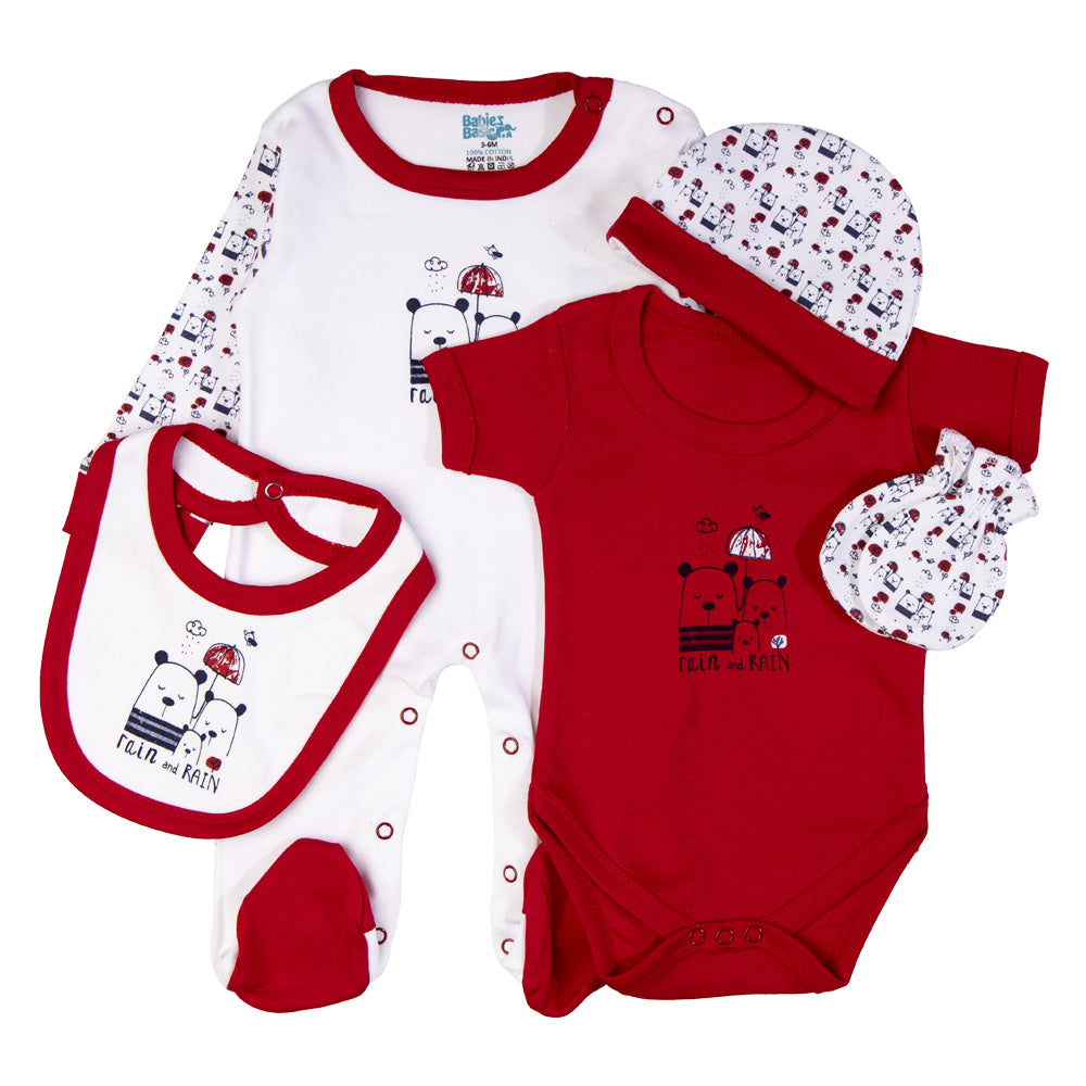 Babiesbasic 5 piece unisex 100% cotton Gift Set include Bib, Romper, Mittens, cap and Sleepsuit/Jumpsuit- Rain, 9-12 Months , Red