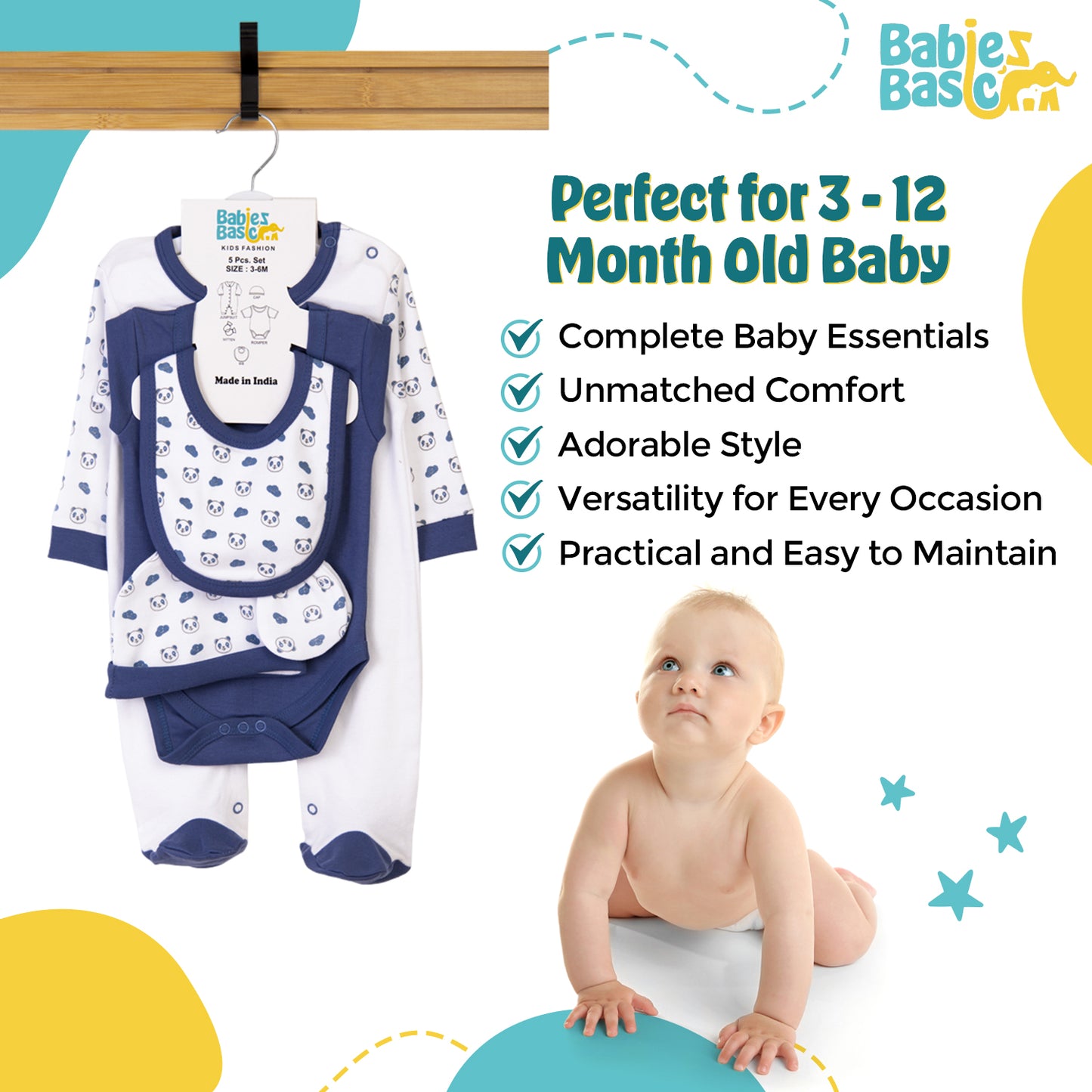 Babiesbasic 5 piece cotton Set include Bib, Romper, Mittens, cap and Sleepsuit- Sleepy Panda, 6-9 Months , Blue