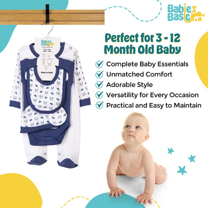 Babiesbasic 5 piece cotton Set include Bib, Romper, Mittens, cap and Sleepsuit- Sleepy Panda, 6-9 Months , Blue