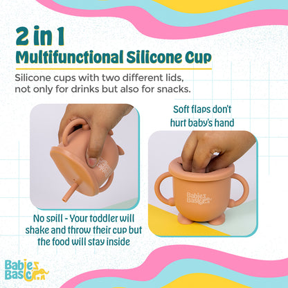 BabiesBasic Multi Purpose 2 in 1 Silicone Cup with Straw or a Snack Lid - Brown