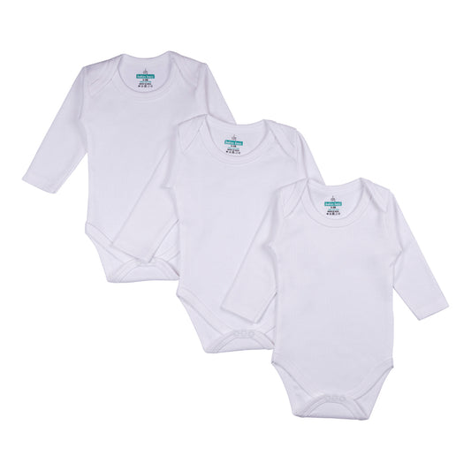 BabiesBasic 100% Super Combed Cotton, Long Sleeves Romper/Bodysuit, for New Born to 24months. Set of 3 - White, 3-6 Months