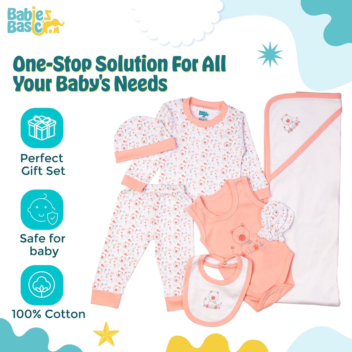 BabiesBasic 7 piece unisex 100% cotton Gift Set include bib, blanket, mitten, cap, romper, top and bottom set, 6-9 Months , Pink