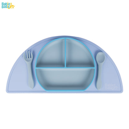 BabiesBasic Feeding Set, 3 Piece, Silicone Feeding Plate, Spoon and Fork - Blue