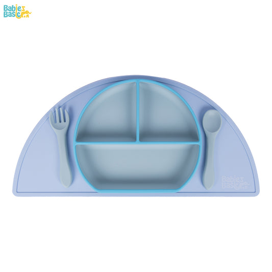 BabiesBasic Feeding Set, 3 Piece, Silicone Feeding Plate, Spoon and Fork - Blue