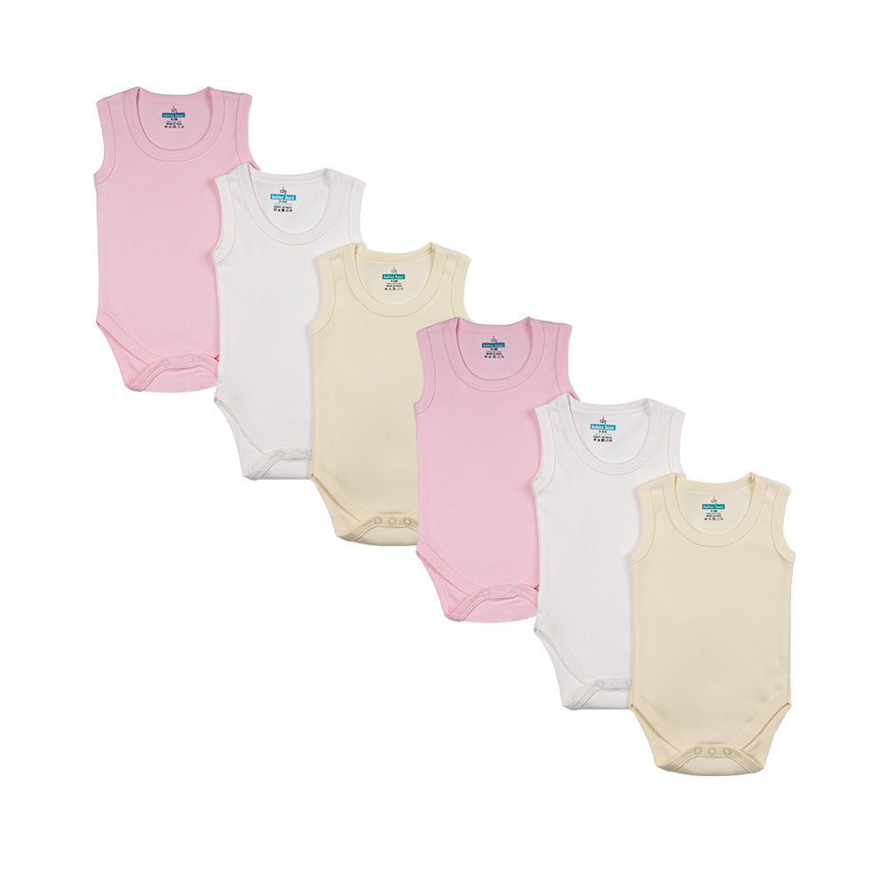 BabiesBasic 100% Super Combed Cotton, SleeveLess Romper/Bodysuit, Set of 6 - Pink, Lemon, Cream, 0-3 Months