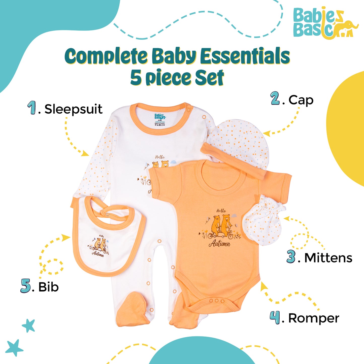 Babiesbasic 5 piece cotton Set include Bib, Romper, Mittens, cap and Sleepsuit- Hello Autumn, 6-9 Months , Pink