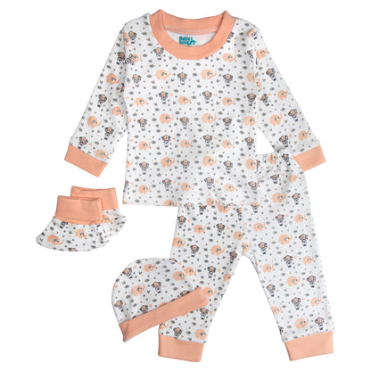 BabiesBasic 7 piece unisex 100% cotton Set include bib, socks, mitten, cap, romper, top and bottom set, 6-9 Months , Peach