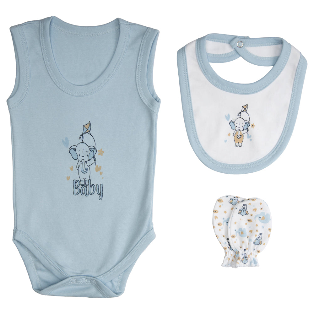 BabiesBasic 7 piece unisex 100% cotton Set include bib, socks, mitten, cap, romper, top and bottom set, 9-12 Months , Blue