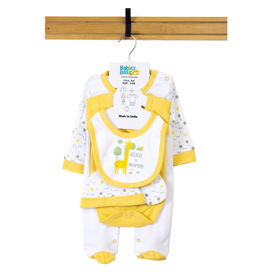 Babiesbasic 5 piece cotton Set include Bib, Romper, Mittens, cap and Sleepsuit- Believe in Yourself, 3-6 Months , Yellow