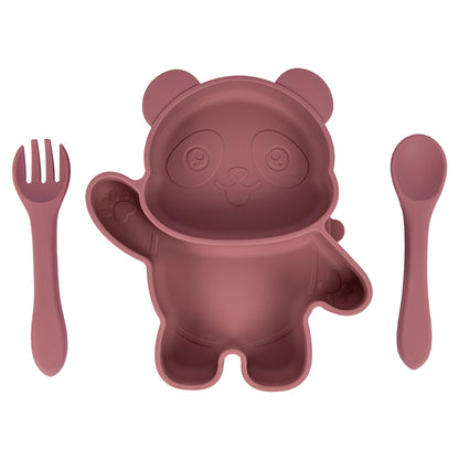 BabiesBasic Feeding Set, 3 Piece, Silicone Feeding Panda Set with Silicone Suction Plate, Spoon and Fork - Pink