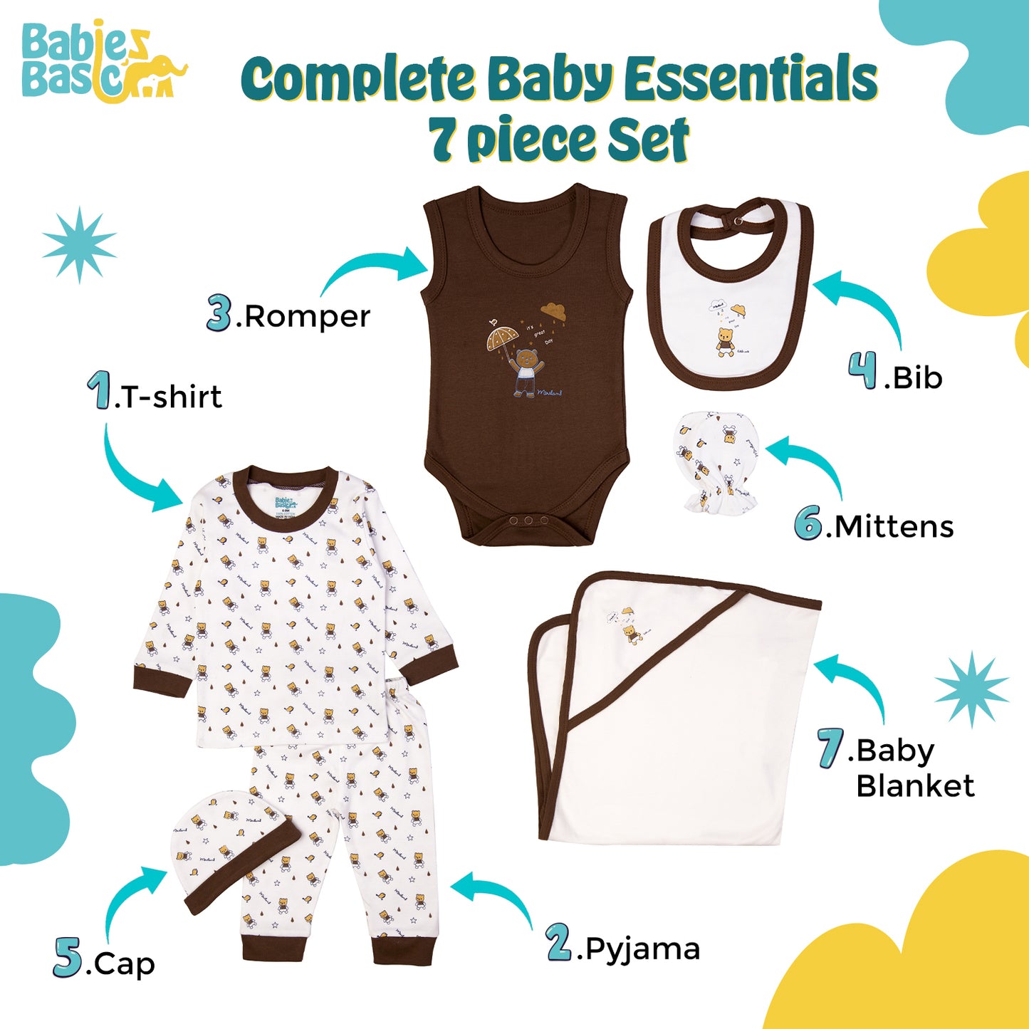 BabiesBasic 7 piece unisex 100% cotton Gift Set include bib, blanket, mitten, cap, romper, top and bottom set, 6-9 Months , Brown