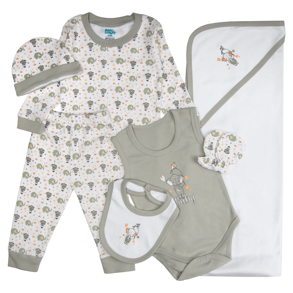 BabiesBasic 7 piece unisex 100% cotton Gift Set include bib, blanket, mitten, cap, romper, top and bottom set, 3-6 Months , Grey