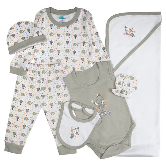 BabiesBasic 7 piece unisex 100% cotton Gift Set include bib, blanket, mitten, cap, romper, top and bottom set, 3-6 Months , Grey