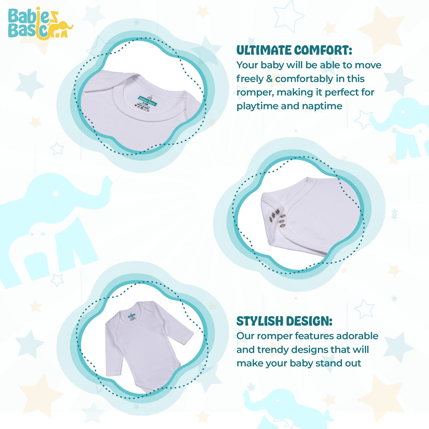 BabiesBasic 100% Super Combed Cotton, Long Sleeves Romper/Bodysuit, for New Born to 24months. Set of 6 - White, 18-24 Months