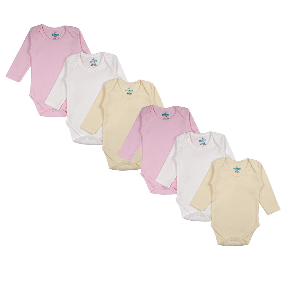 BabiesBasic 100% Super Combed Cotton, Long Sleeves Romper/Bodysuit, Set of 6 - Pink, Lemon, Cream, 9-12 Months