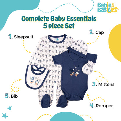 Babiesbasic 5 piece cotton Set include Bib, Romper, Mittens, cap and Sleepsuit- I can Fly, 6-9 Months , Blue