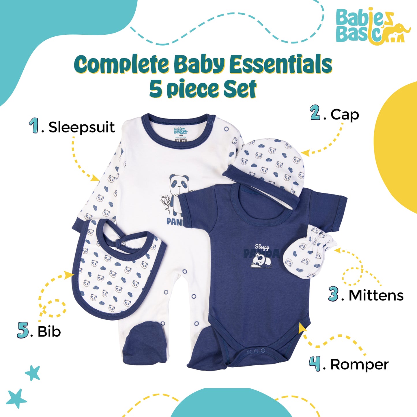 Babiesbasic 5 piece cotton Set include Bib, Romper, Mittens, cap and Sleepsuit- Sleepy Panda, 3-6 Months , Blue