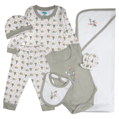 BabiesBasic 7 piece unisex 100% cotton Gift Set include bib, blanket, mitten, cap, romper, top and bottom set, 9-12 Months , Grey