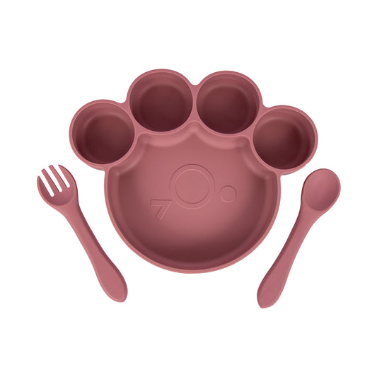 BabiesBasic Feeding Set, 3 Piece, Silicone Feeding Paw Set with Silicone Suction Plate, Spoon and Fork - Pink