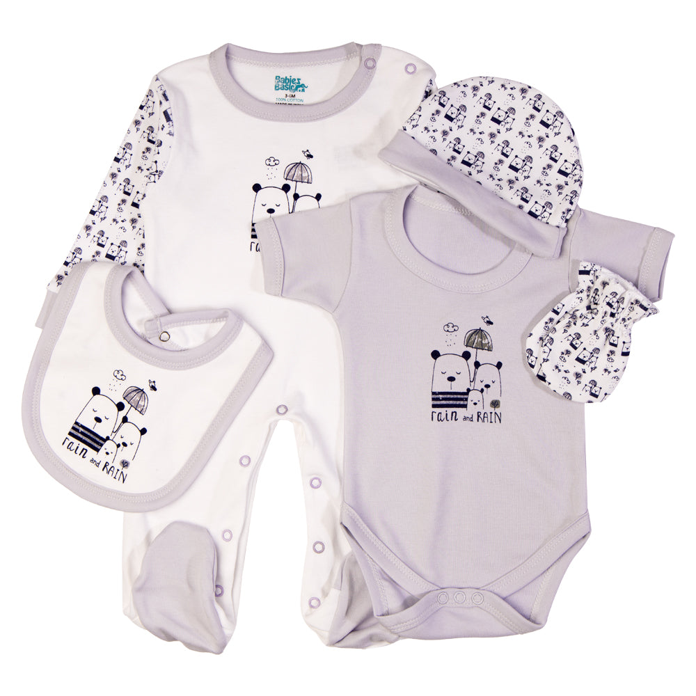 Babiesbasic 5 piece cotton Set include Bib, Romper, Mittens, cap and Sleepsuit- Rain, 3-6 Months , Purple