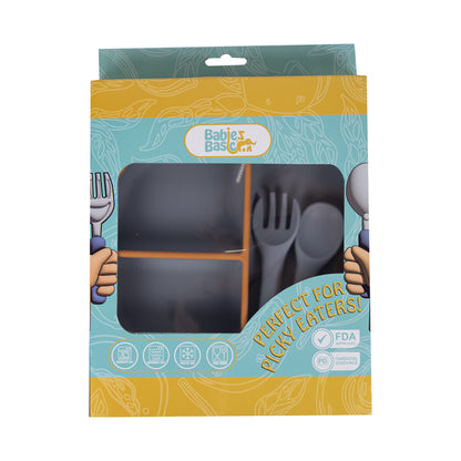 BabiesBasic Feeding Set, 3 Piece, Silicone Feeding Plate, Spoon and Fork - Grey