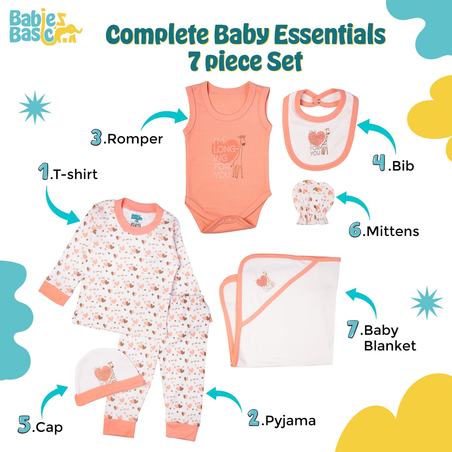 BabiesBasic 7 piece unisex 100% cotton Gift Set include bib, blanket, mitten, cap, romper, top and bottom set, 6-9 Months , Pink