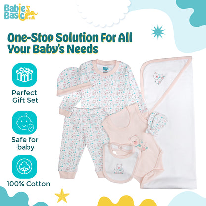 BabiesBasic 7 piece unisex 100% cotton Gift Set include bib, blanket, mitten, cap, romper, top and bottom set, 3-6 Months , Pink