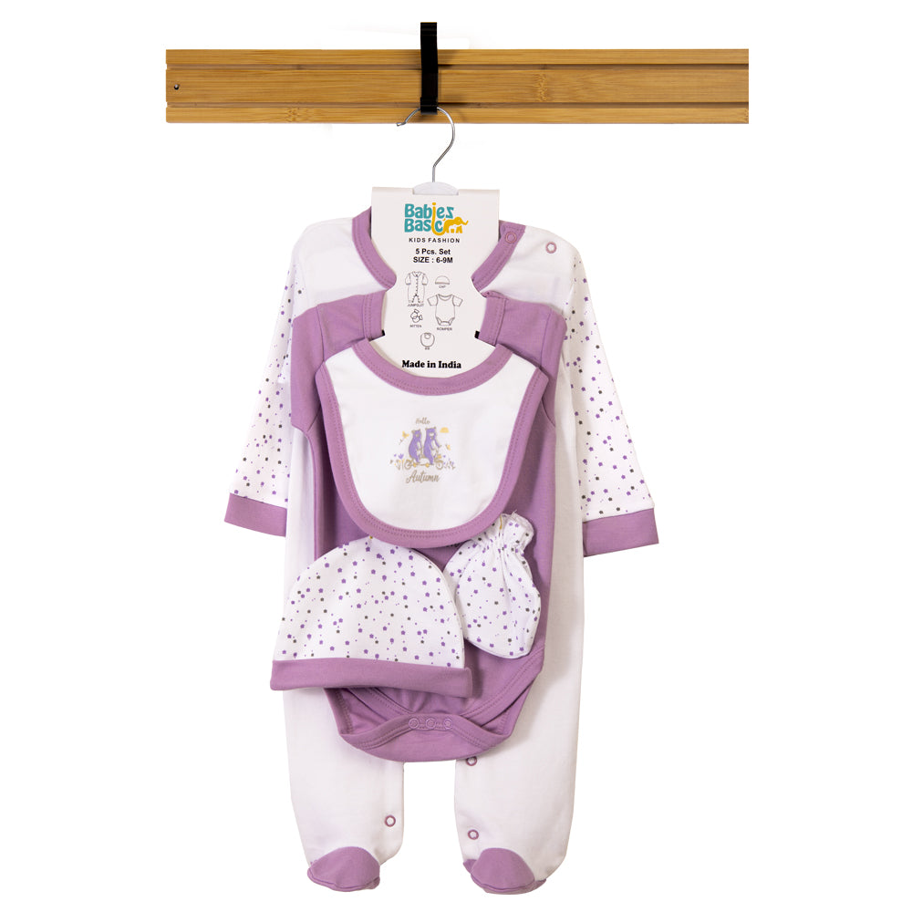 Babiesbasic 5 piece cotton Set include Bib, Romper, Mittens, cap and Sleepsuit- Hello Autumn, 9-12 Months , Dark Mouve