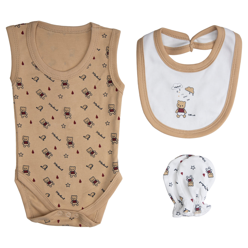 BabiesBasic 7 piece unisex 100% cotton Set include bib, socks, mitten, cap, romper, top and bottom set, 6-9 Months , Brown