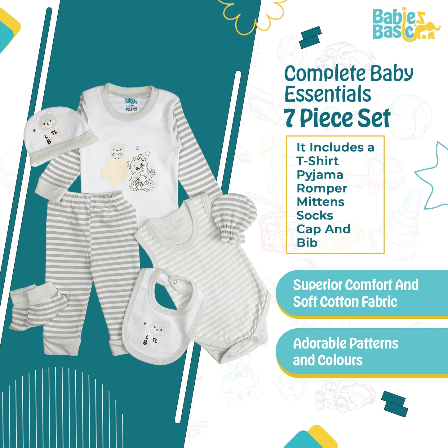 BabiesBasic 7 piece unisex 100% cotton Set include bib, socks, mitten, cap, romper, top and bottom set, 9-12 Months , Grey