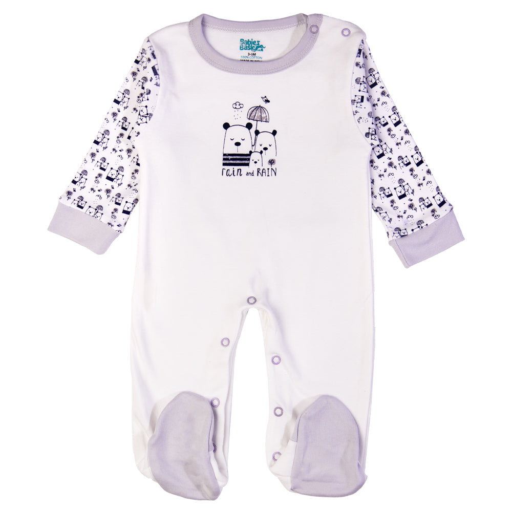 Babiesbasic 5 piece cotton Set include Bib, Romper, Mittens, cap and Sleepsuit- Rain, 3-6 Months , Purple